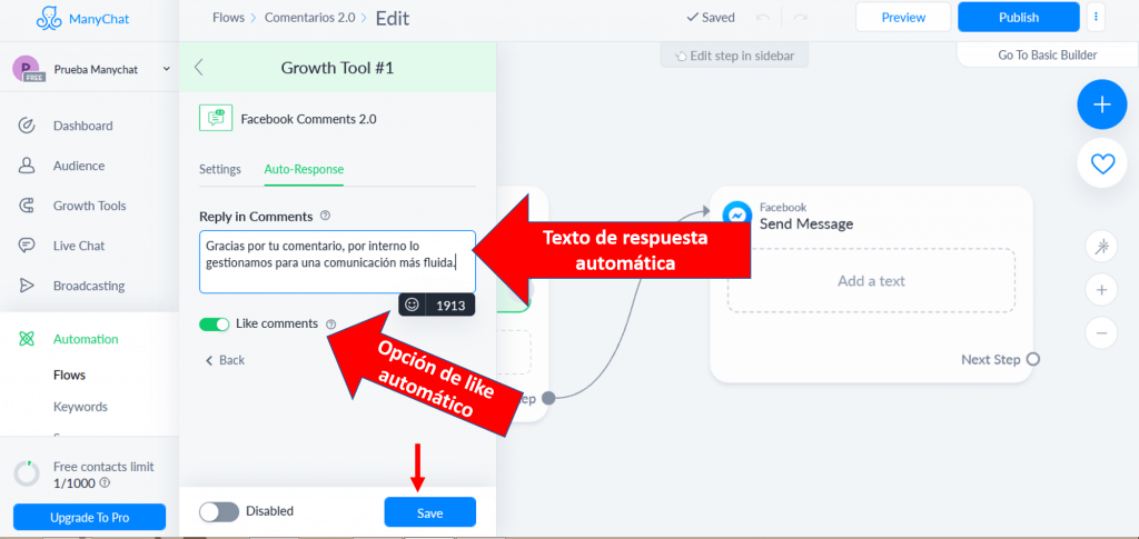 respuesta en comentarios manychat 