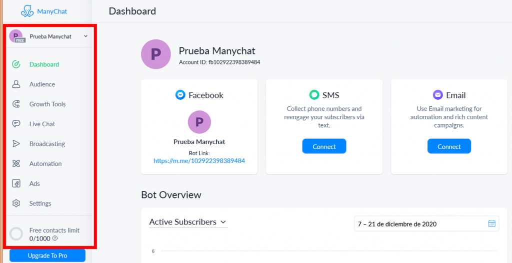 Dashboard Manychat 2020